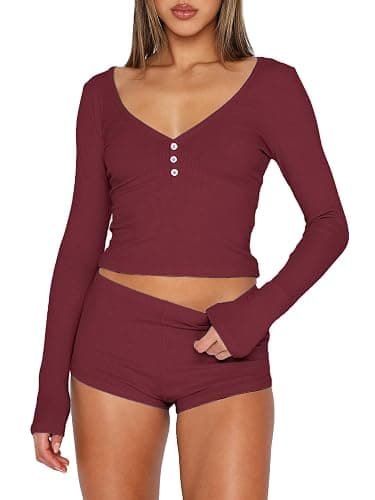 TiulZial Womens 2 Piece Y2K Pajamas Set Long Sleeve Cropped Top Button Down V Neck Slim Fitted Shorts PJs Outfits Lounge Sets - Image 1