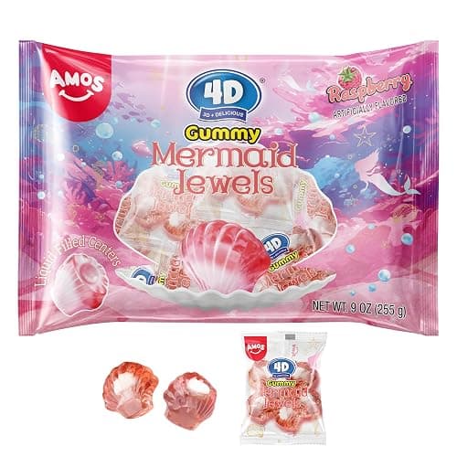 Amos 4D Gummy Candy Mermaid Jewels Fruity Filled, Soft Center Jelly-filled Seashell Candy, Raspberry Flavor Christmas Candy (9oz Pack) pink - Image 1