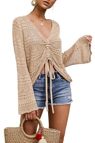 Saodimallsu Womens Boho Off Shoulder Sheer Crop Tops Crochet Flowy Sweaters | Boho Tops, Off Shoulder, Sheer Crop Tops, Bell Sleeve, Flowy Tops, Oversized, Crochet Sweaters, Ruched Pullover - Image 1