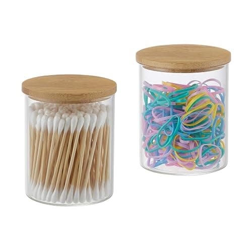 Glass Apothecary Jars, 2 Pack Qtip Holder Dispenser Glass Bathroom Vanity Jars Containers Organizer with Bamboo Lids for Cotton Balls Swabs Pads Rounds Q-tip Bath Salts thumbnail 7