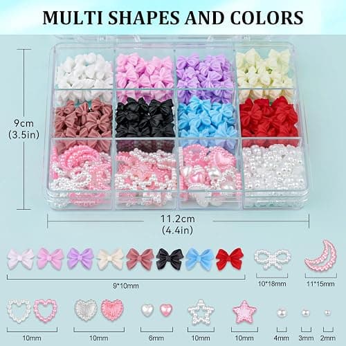 600 Pcs 3D Nail Charms and Flatback Pearls Set 5, 8 Colors Nail Bows Charm + Pink&White Star Heart Moon Cute Nail Jewels + 2-4mm White Nail Pearls for Nail Art DIY Decoration with Pickup Tools thumbnail 2