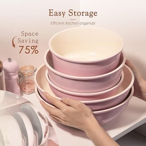 Astercook 21 Pcs Pots and Pans Non Stick Ceramic Cookware Set, Detachable Handles, RV Kitchen Cooking Set, Oven Safe, Induction Ready, Stackable, Pink thumbnail 6