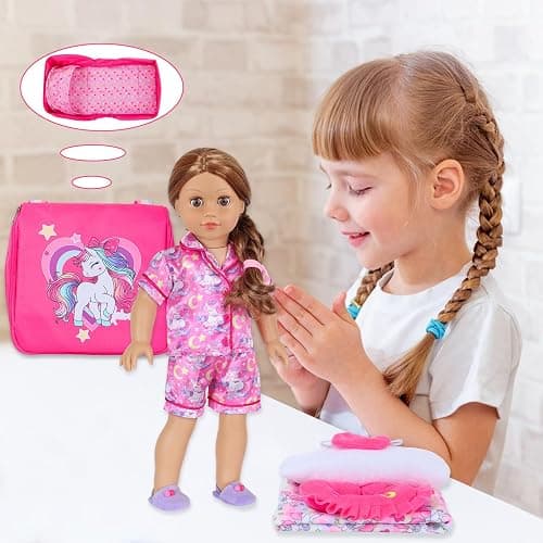 American Doll Travel Case Shoulder Bag for 18 Inch Dolls Accessories Set - Portable Bassinet with Pajamas & Rainbow Pony Handbag for Girl - Pillow Eye Mask Playset (Dolls Not Included) thumbnail 8