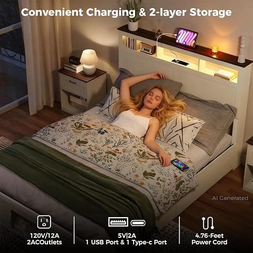 FUNKOCO Farmhouse Bedroom Set, Full Wood Bed Frame & Nightstands Set of 2 | 3-Piece Bed Frame with Cat & Dog Bed, Storage Headboard and 2 Drawers, LED Lights & Charging Station, No Box Spring Needed thumbnail 6