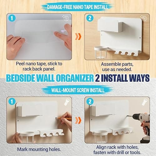 Metal Bedside Wall Shelf, Bedside Floating Shelf Wall Organizer with Detachable Cup Holder, No Drill Wall Mount for Bedroom, Dorm Room Decor, Nightstand Alternative, Bunk Bed Accessories, RV Storage thumbnail 6