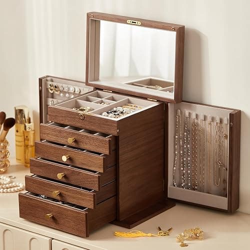 Homruilink Black Walnut Wooden Jewelry Box for Women, 6 Layer | Locking Large Wood Jewelry Organizer with 2 Side Doors & Mirror, For Watch Necklace Ring Earring, Velvet-Lined, Gift thumbnail 5