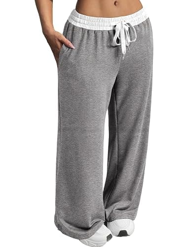 Herseas Women's Contrast Color Waistband Sweatpants Wide Leg Pants with Drawstring Buckle - Image 1