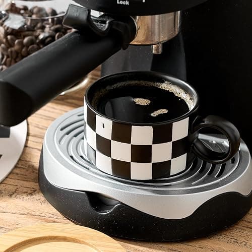 LUKA 6 Ounce Ceramic Stackable Black and White Checkered Espresso Cups with Saucers and Metal Stand Set of 4, Cappuccino Cups Set for Coffee Drinks, Latte, Cafe Mocha and Tea, Black Interior thumbnail 7