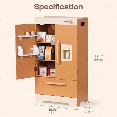 ROBOTIME Kids Wooden Refrigerator, Play Kitchen Fridge for Toddlers, Toy Fridge with Ice Maker and Food Accessories, Pretend Play Kitchen Toy for Boys & Girls Ages 3+ thumbnail 3