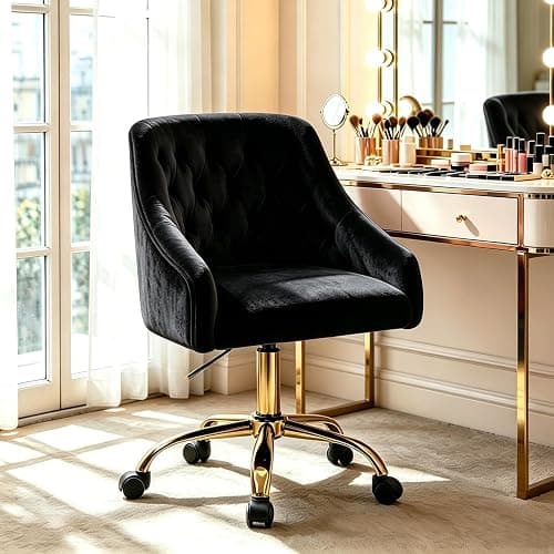 MOJAY Velvet Office Swivel Chair, Vanity Chair, Fabric Desk Chair, Pretty Fancy Chair, Gold Office Chair for Girls, 360°Swivel Height Adjustable Reception Chair (Black) thumbnail 10