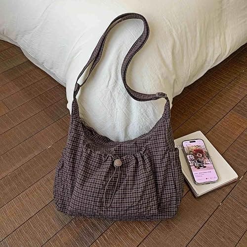 Plaid Crossbody Bags, Slouchy Hobo Crossbody Bag, Cute Messenger Bag, Nylon Crescent Crossbody Purse, Trendy Everyday Purse thumbnail 8