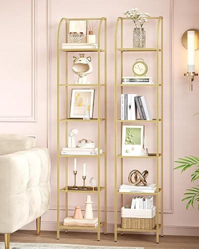 Hzuaneri Bookcase Bookshelf, Tempered Glass Arched Bookshelf for More Storage, Slim Shelving Unit for Bedroom, Bathroom, Home Office, Steel Frame, 6 Tier Gold BC20699G thumbnail 4