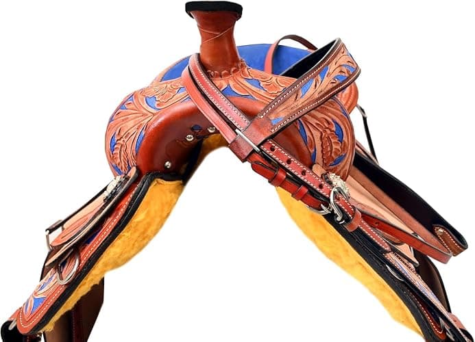 Royal Reins Leather Western Barrel Show Saddle Tan and Blue Dual Color Western Riding Saddle for Horse Durable Leather Comfortable Seat Secure Fit Equestrian Tack thumbnail 6