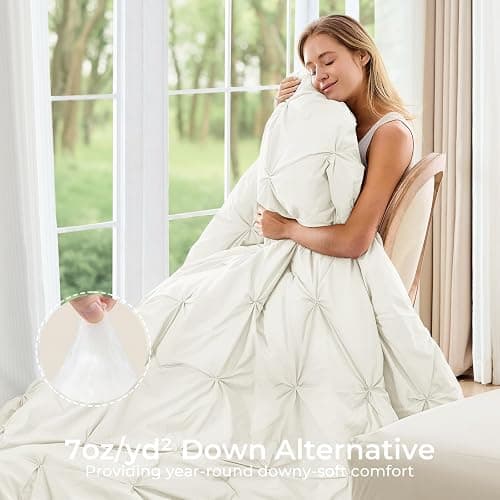 Sasttie Queen Comforter Set, 7-Piece Bed in a Bag, Pintuck Bedding Sets for All Season, Includes Comforter, Flat Sheet, Fitted Sheet, Pillowcases and Pillowshams, Ivory thumbnail 2
