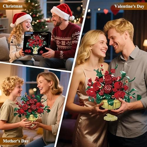 PLAXSOON Rose Flower Building Set, 969 PCS Botanicals Flowers Bouquet Building Block Kit with Pot, Artificial Bonsai Plant Collection Office Home Decor, Birthday Gift for Adults Women Boys Girls 12+ thumbnail 8