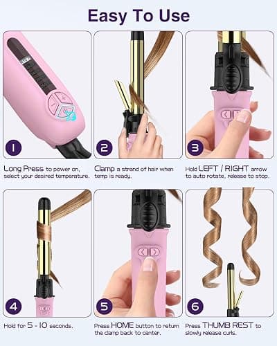 Rotating Curling Iron 1 Inch for All Hair Types-Rapid Heating Automatic Curling Iron Self Curling Wand-Dual Voltage Auto Rotating Hair Curler for Curls and Waves - 1 inch - Pink thumbnail 7