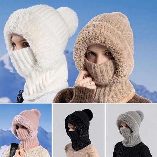 Women's Knitted Hat in Autumn and Winter, 3 in 1 Cold Resistant Hat, Wind-Resistant Scarf Hat Face Mask Hooded Scarf thumbnail 2