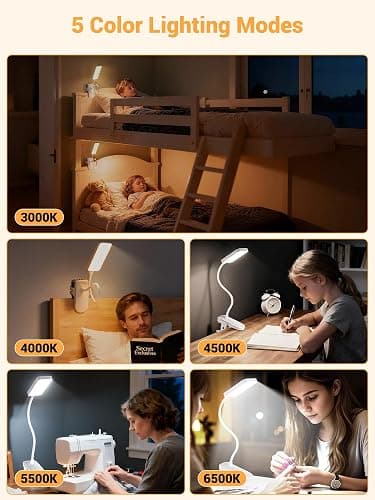 Clip on Lamp, 9 Brightness+5 Colors Reading Lights for Books in Bed Lamp | 4000mAh Battery Clip on Light,450 Lumen Rechargeable Desk Lamp for Dorm Lamp,Book Light for Reading in Bed Headboard/Bedside thumbnail 3