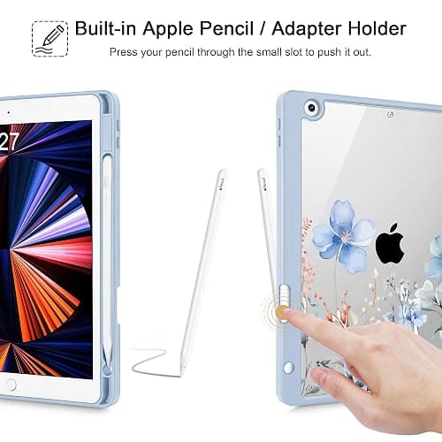 May Chen for iPad 9th Generation with Pencil Holder, iPad 8th/7th Gen Case 10.2-inch, [Penceil Holder] Trifold Stand Auto Wake/Sleep Clear TPU Protection Back Cover, Wild Flowers thumbnail 8