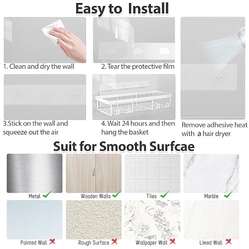 Liuoud 5 Pack Shower Caddy Organizer Rack Shelf for Inside Shower, Self Adhesive Wall Storage Basket Rustproof Stainless Steel Shampoo Holder Bathroom Accessory Decor Set, White thumbnail 7