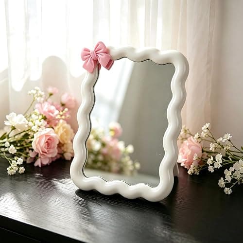 Wave Desk Makeup Mirror with Adhesive Bow,Office Mirror 6.7x5.3In(White) | for Standing or Hanging;Wave Shape;Thickened Plastic and Glass Material;One Sided Mirror;No Magnification - Image 1