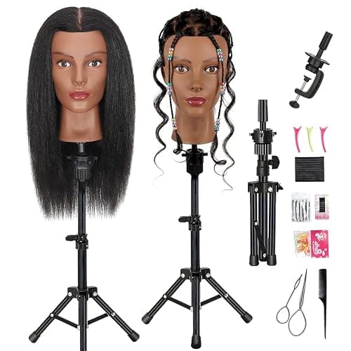 Opini Mannequin Head 100% Real Human Hair for Braiding with Tropid Stand | Cosmetology Mannequin Doll Head with Hair 18" for Hairdresser Salon Beginner Practice Braiding Hairstyling - Image 1