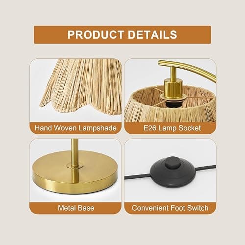 Oneach Arc Floor Lamp for Living Room,Rattan Boho Floor Lamp Decor with Hand-Woven Shade, Foot Switch,Gold Metal Base & Pole,Farmhouse Standing Lamp for Bedroom Corner,Reading thumbnail 7