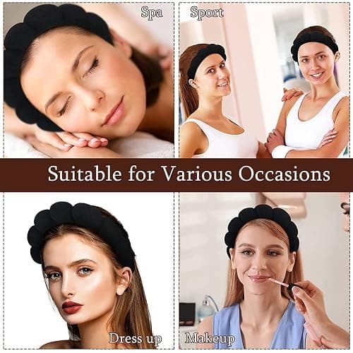 Spa Headband for Women - Terry Towel Cloth Fabric Makeup Fashion Facial Hair Wrap for Skincare, Face Washing, Makeup Removal, Shower, Facial Mask (Black) thumbnail 5