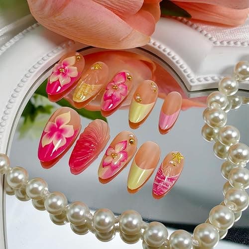 24Pcs French Tip Press on Nails Medium Almond Fake Nails with Gold Shell Starfish Rhinestones Summer False Nails Pink Hawaii Flower Acrylic Nail Cute Glue on Nails Floral Stick on Nail for Women thumbnail 4