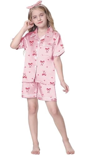1. Schbbbta Girls 3 Pieces Pajamas Sets Silk Satin Sleepwear Button Down Short Sleeve Pjs Outfits thumbnail 2