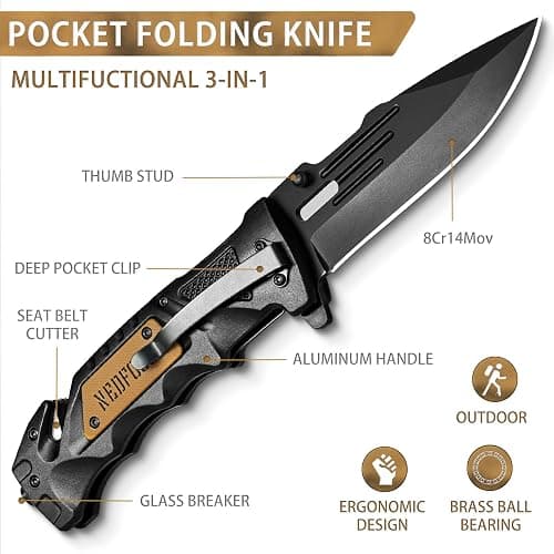 NedFoss Pocket Folding Knife DA75, 3 in 1 Pocket Knife for Men, Survival Knife with Liner-Lock Belt Clip, Seat Belt Cutter, Glass Breaker, Hunting knife for Camping Hiking thumbnail 3