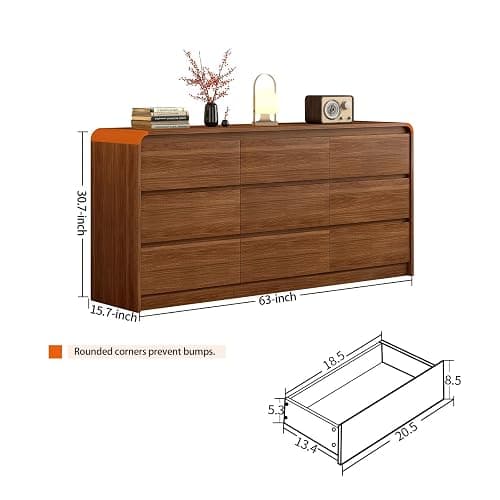 9 Drawer Dresser For Bedroom 63 Inch Wood Chest of Drawers - Curved Anti Collision, Mid Century Dresser For Closet with Natural Texture & Pre-Embedded Slots for TV Stand, Living Room, Nursery thumbnail 2