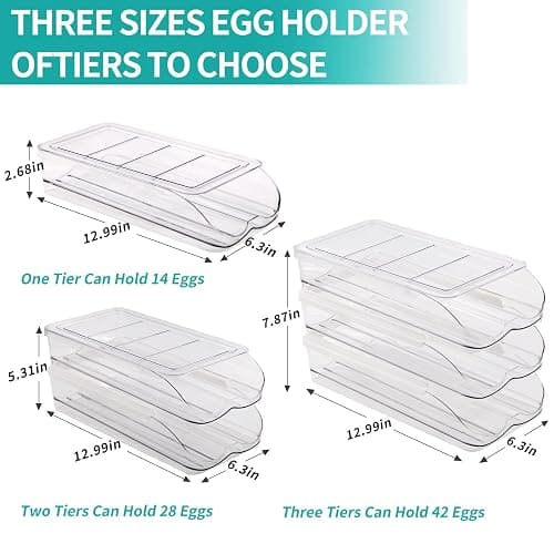 RoskDeewat Egg Holder for Fridge, Automatic Rolling Egg Container for Refrigerator, Stackable Fridge Organizers and Storage with Lid, Clear Plastic Egg Dispenser & Tray (2 Tier) thumbnail 2