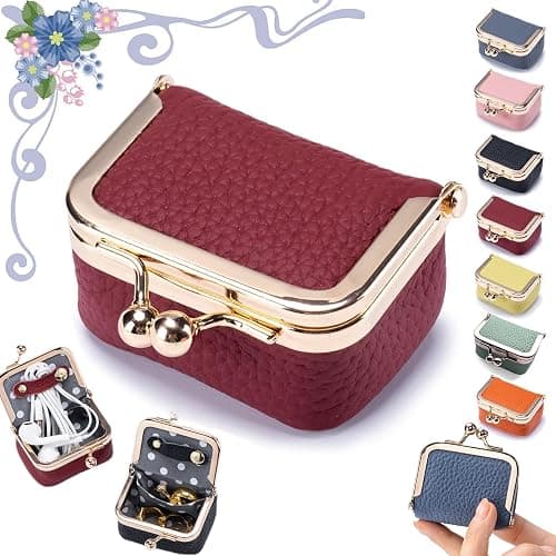 Genuine Leather Mini Jewelry Box, Portable Vintage-Inspired Genuine Leather Coin Purse Jewelry Case with Kiss Lock, Mini Travel Ring Box for Women for Earring/Ring/Necklace/Bracelet(Red) - Image 1