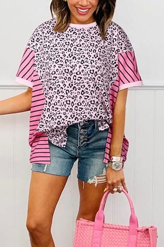 Mazulun Striped Leopard Sweatshirt for Women Color Block Patchwork Drop Shoulder Side Slit Pullover Shirt Tops thumbnail 2