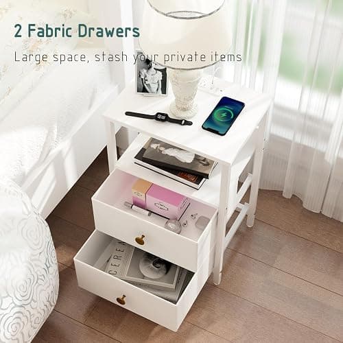 JOONEE White Nightstand with Outlet and LED Lights, Modern Bedside Table with Drawers, Small Night Table for Living Room, Bedroom thumbnail 4