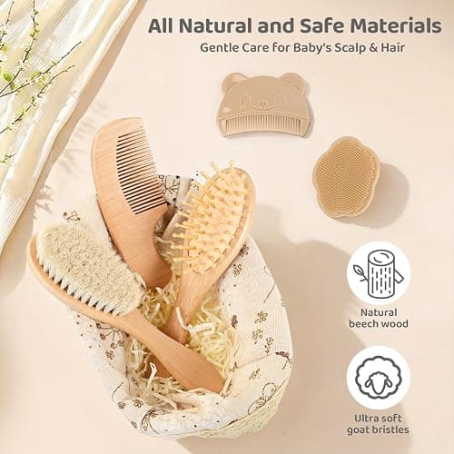 5 Piece Baby Hair Brush Set, Wooden Baby Brush and Comb Set with Natural Soft Goat Hair Bristles, Cradle Cap Brush, Baby Essentials Grooming Kit for Boy Girl thumbnail 6