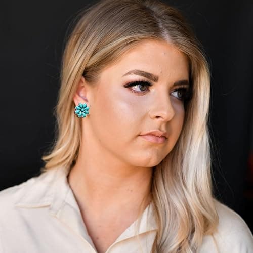 BVGA 9 Pairs Western Turquoise Stud Earrings Vintage Silver Turquoise Cowgirl Boots Lightning Cross Flower Stud Earrings Boho Gemstone Small Geometric Square Star Studs Turquoise Jewelry for Women Girls thumbnail 3