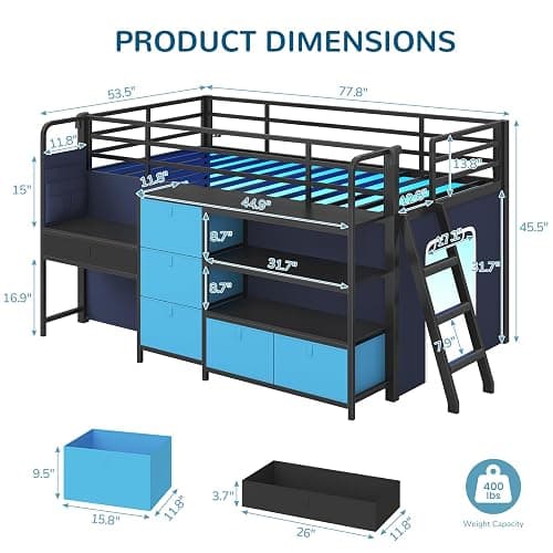 Twin Low Loft Bed for Kids with Built-in Desk, 6 Storage Drawers, Open Bookshelf, Under-Bed Play Tent with LED Lights, Metal Twin Size Loft Beds with Safety Guardrail & Inclined Ladder, Blue and Black thumbnail 2