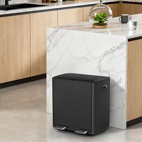 mVm Kitchen Trash Can,2x5.3Gallon(2x20L) Double Trash cans and Recycle Bin Combo with Lid and Anti-Fingerprint,Foot-Pedal,Soft-Close.Stainless Steel Garbage Can for Kitchen,Living Room(Matte Black) thumbnail 7