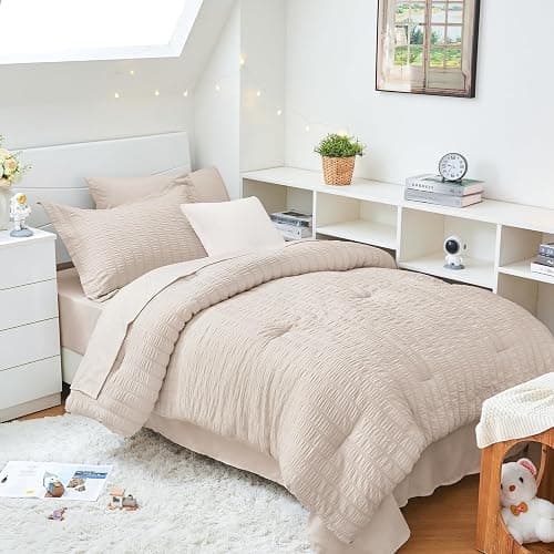 HYMOKEGE Beige Twin XL Comforter Set Seersucker 5 Pieces, All Season Luxury Bed in a Bag for Bedroom, Bedding Set with Comforter, Sheets, Pillowcase & Sham - Image 1