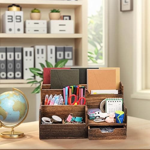 Pumtus Brown Wooden Mail Organizer, Desk Organizer with 7 Compartments and Drawer, Rustic Mail Sorter with Pen Holder, Tabletop Mail Basket, Office Accessories Holder for Pen File Letter Document thumbnail 7
