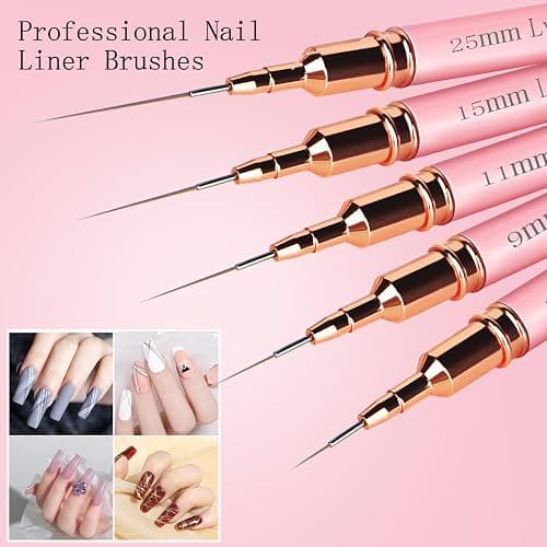 5pcs Nail Art Liner Brushes, Liner Brush For Nails Gel, Painting Art Design Brush Set Nail Dotting Drawing Tool For Long Lines, Thin Details, Fine Drawing Sizes 7/9/11/15/25 mm (Pink) thumbnail 2