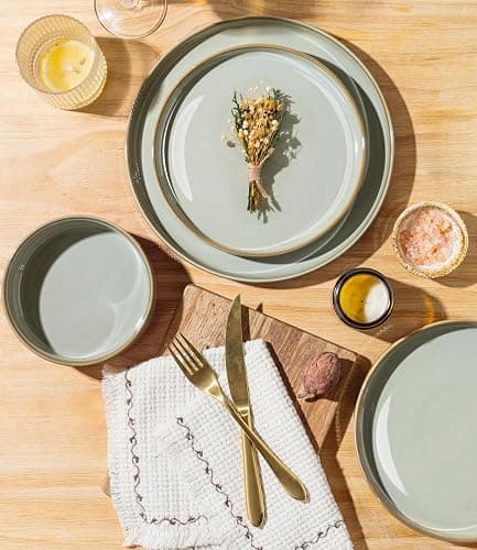LERATIO Dinnerware sets for 4,12 Piece Stoneware Plates and Bowls sets | Handmade Reactive Glaze Dish Set,Lightweight & Scratch Resistant,Oven & Microwave & Dishwasher Safe-Pale Sage thumbnail 3