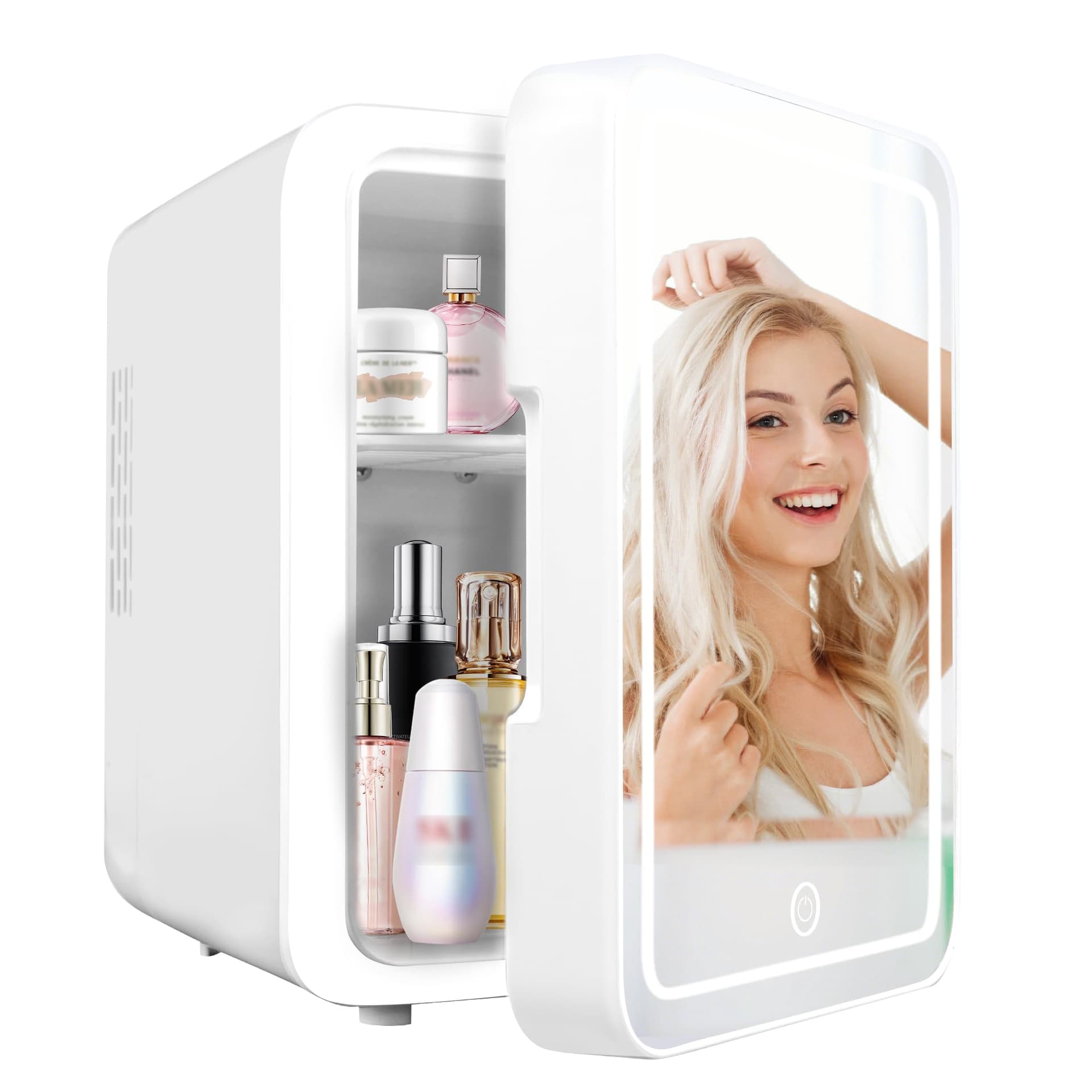 Juturnas Mini refrigerador de maquillaje, nevera para el cuidado de la piel con enfriador o calentador, alimentado por CA/CC, con espejo de luz LED, refrigerador pequeño portátil para cosméticos, - Image 1