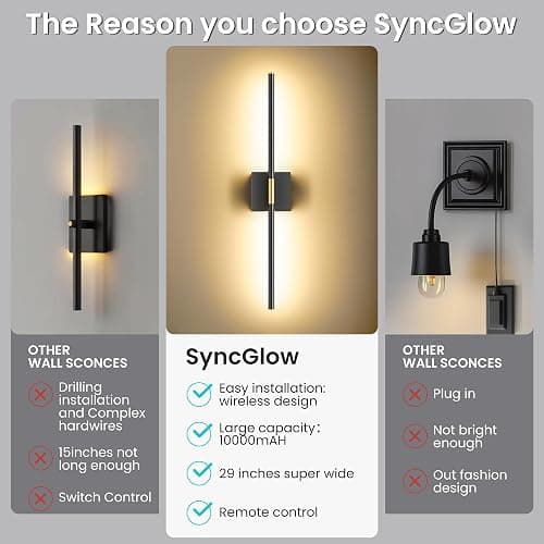 Battery Operated Wall Sconces Set of Two, 10000mAh Rechargeable Wall Lights with Remote Control, 360° Rotate Dimmable Black Gold LED Cordless Lighting for Bedroom, Living Room, Hallway, 29 Inch, 3CCT thumbnail 9