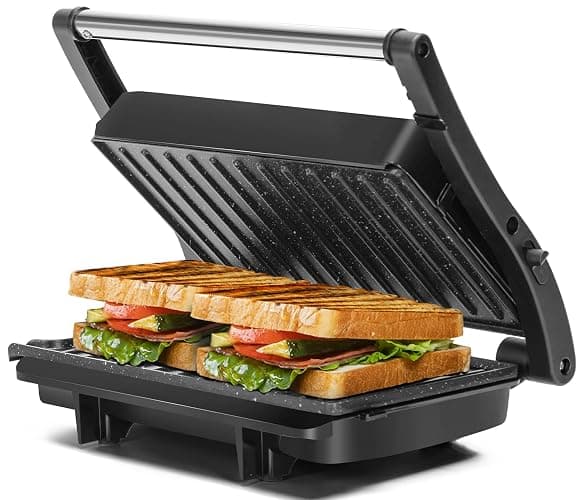 Panini Press Grill, Aigostar 1000W Sandwich Maker with Ceramic Non-stick Plates, Opens 180 Degrees for Any Size Food, 3-in-1 Sandwich Press Electric Grill, Drip Spout & Locking Lid, Sliver - Image 1