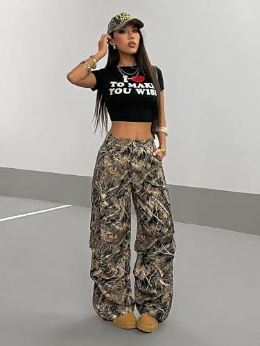 OYOANGLE Women's Camo Print Baggy Cargo Pants Elastic Waist Flap Pocket Straight Leg Trousers Streetwear thumbnail 6
