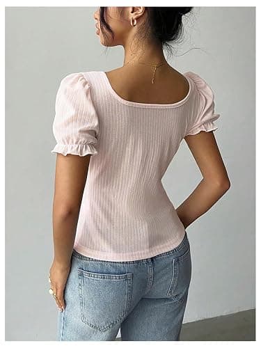 SOLY HUX Women's Cute Lace Puff Sleeve Tops Y2k Tie Front Square Neck Ribbed Knit Coquette T Shirts thumbnail 2