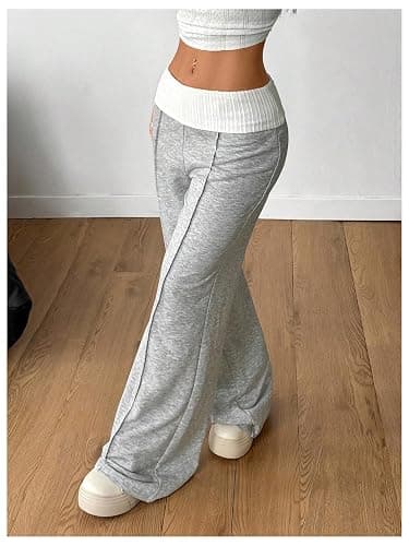 Verdusa Women's Fold Over Baggy Pants Athletic Wide Leg Sweatpants Fitness Clothing Lightweight Bell Bottoms thumbnail 4